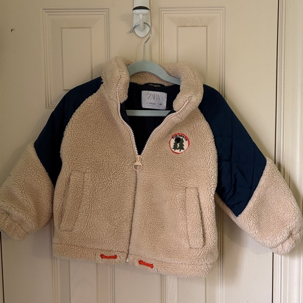 Zara Kids Cream Sherpa Jacket with Navy Quilted Sleeves